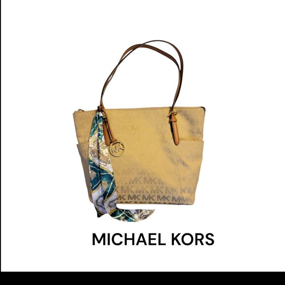 Michael Kors Signature Khaki Canvas Tote EUC - Picture 1 of 5